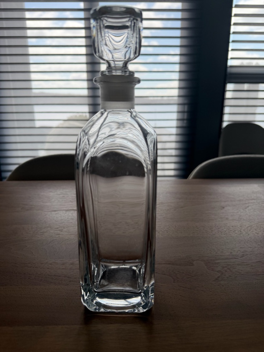 Modern Clear Glass Decanter with Stopper. 3” square, 10” tall. Heavy. EUC.